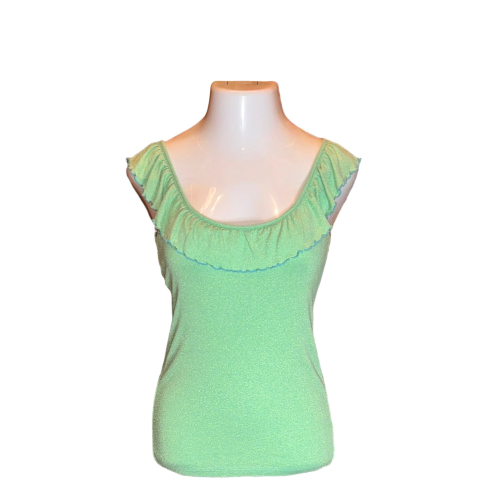 MICHAEL STARS Lime Green w/ Metallic Gold Thread & Blue Trim Ruffle Tank Top - Picture 3 of 10